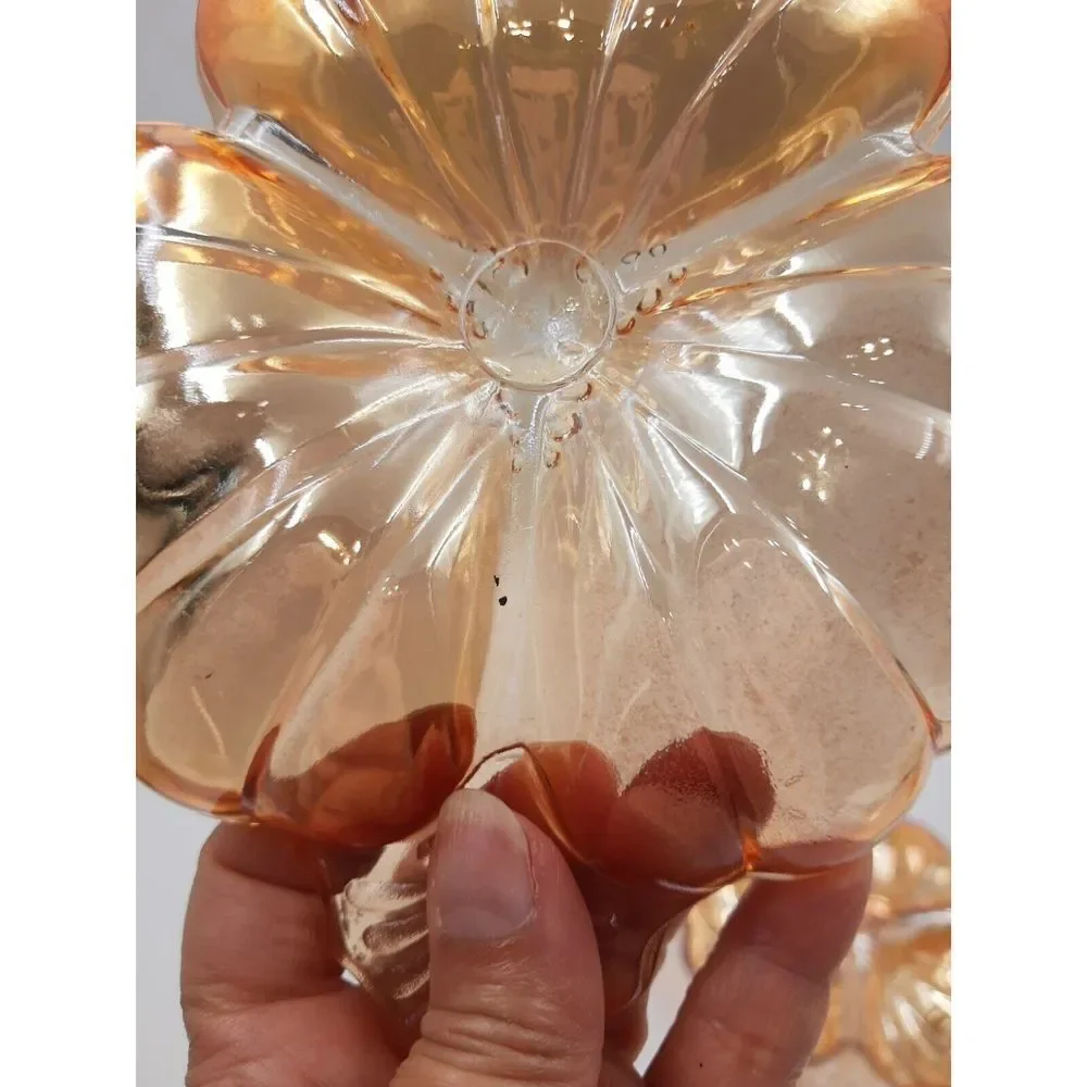 Jeannette Glass Marigold Iridescent Carnival Glass Doric Clover Leaf Candy Dish